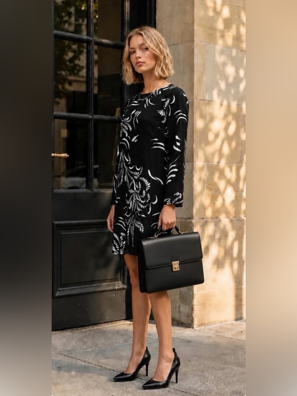 MARELLA Art 365 Black and White Capps Long-Sleeve Shift Dress